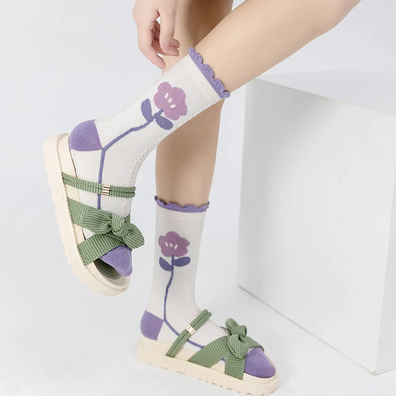 Purple flower trend cotton preppy lace stereoscopic mid-tube stockings for women