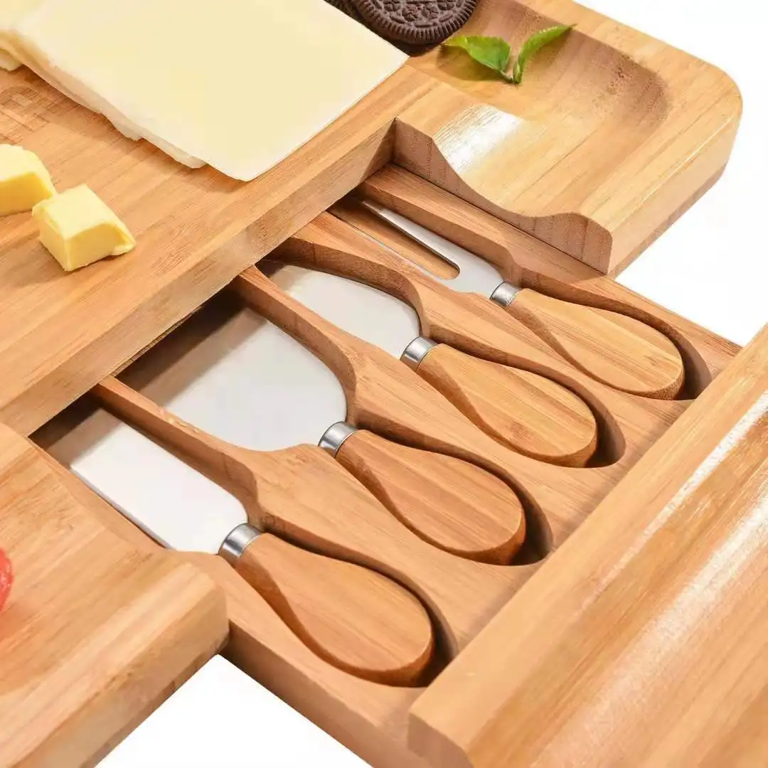Creative Finishing Bamboo Cutting Board Field Camping Portable Drawer Cheese Board Set with Knife Wooden Bread Pizza Board