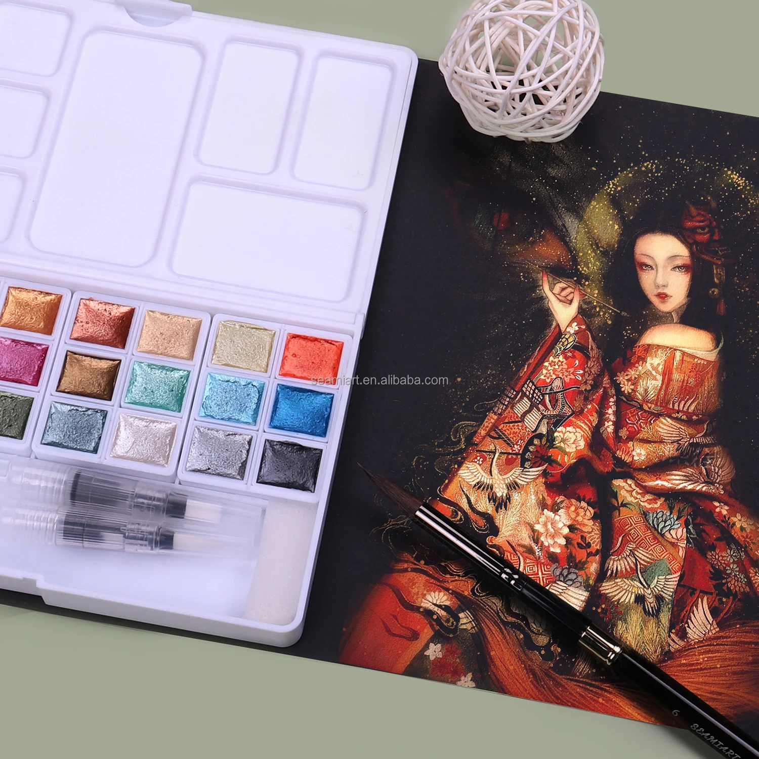 seamiart 24 Color Glittery solid watercolor kit pearl metallic paint pan Set with 2pc water brushpen &Palette acuarelas aquarela