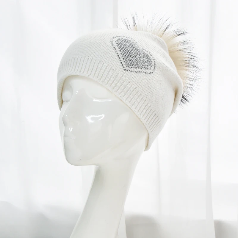 Wholesale Winter Knitted Beanie for Women Glitter Gems Stars Pattern Hat Outdoor Soft Wool Knitted Real Fur Pompom beanie Hat