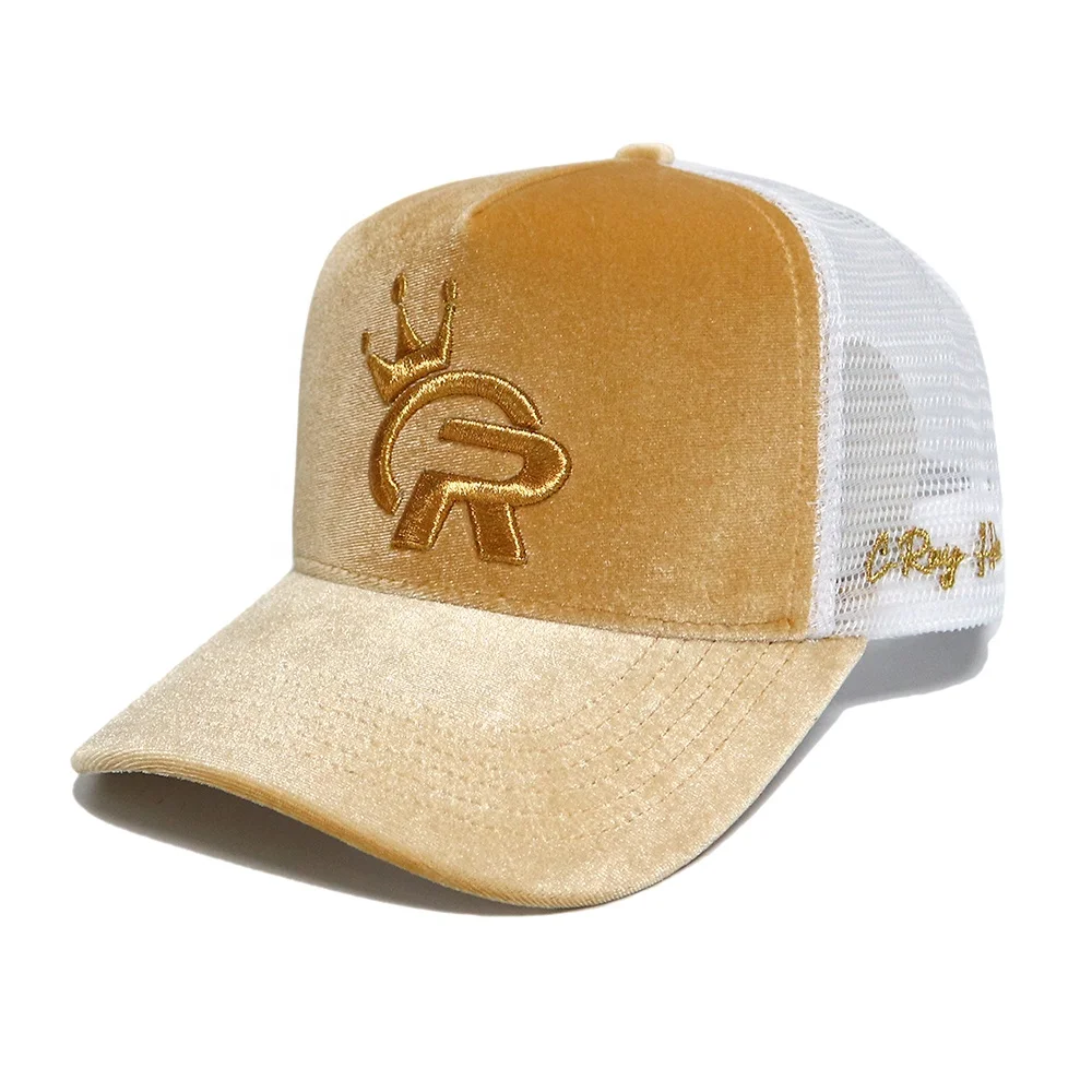 Wholesale hat five panel ginger velvet trucker cap with logo Custom embroidered logo