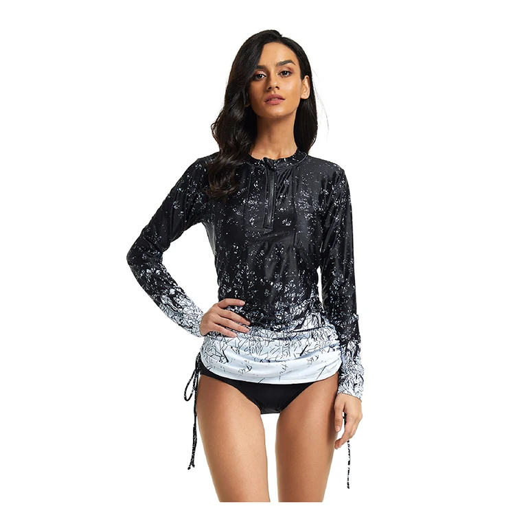 Mills Sisters Swimsuits for Women Long Sleeve Suit Print Plus Size Drawstring Surfing Suit With Zipper Female 2 Pieces Wetsuit