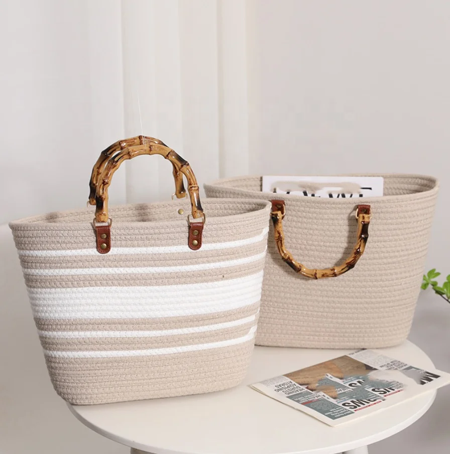 2024 Wholesale New Shoulder Bags Tote Bag Mexico French Basket Straw Weave Beach Bags Women Striped Large Capacity Handbags