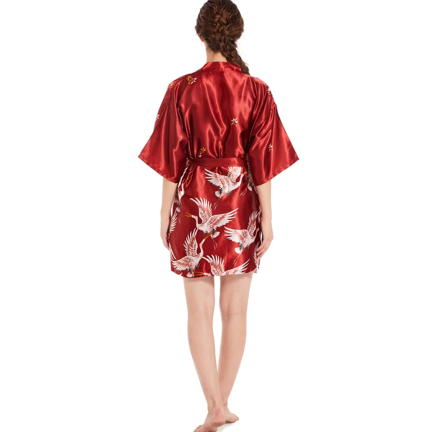 Wholesale Lady Ice Silk Sleepwear Summer Sexy V Neck Long Robe Wedding Morning Gown Home Dressing Floral Bathrobe for Women