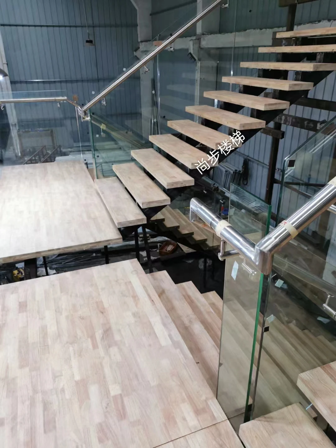 interior stair with tempered glass balustrade solid wood stair handrail dual stringer stair