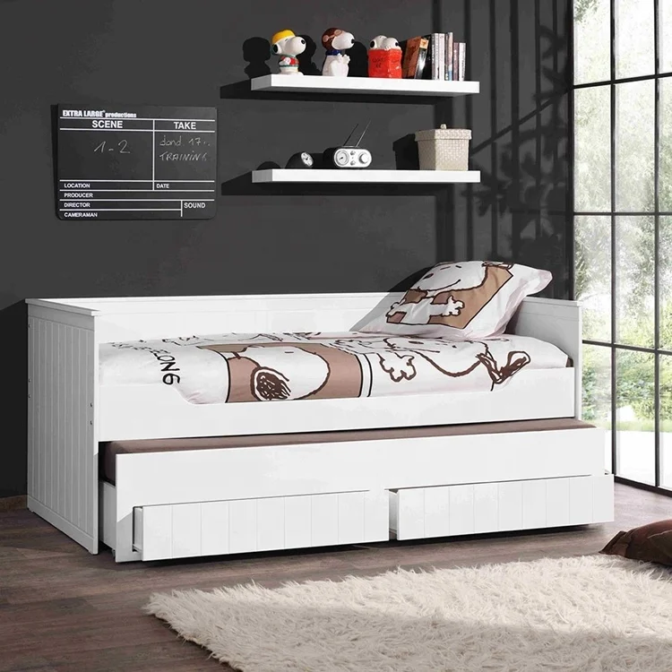 modern solid wood single twin day sofa platform bed with trundle bed  and drawers white light gray
