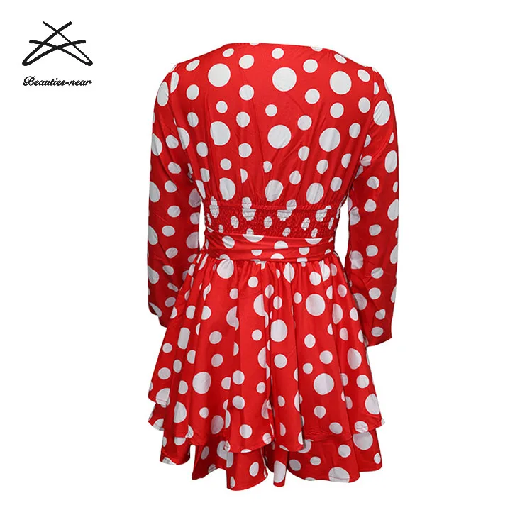 Women V-neck Empire Dress Polka Dot Black Red A Line Spring Long Sleeve Summer Mini Dress For Women