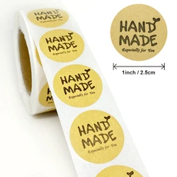 1 Inch Round Natural Kraft Paper Handmade with Love Stickers Total 500 Adhesive Labels Per Roll