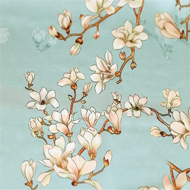  Цветочный дизайн магнолии Шелковый спандекс с цифровой печатью 19 момме 108 см шелк стрейч атласная ткань для чонсам