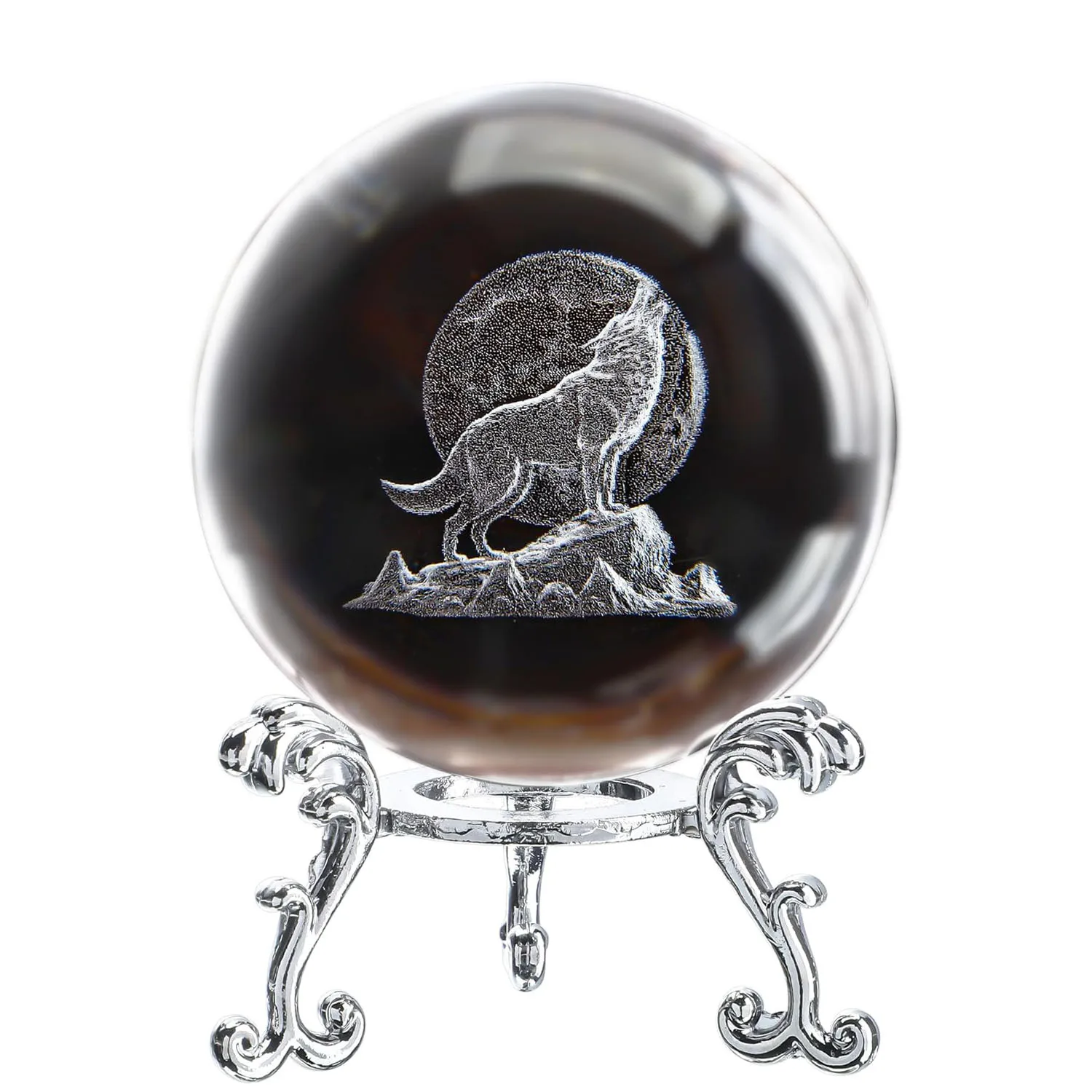 3D Crystal Wolf Figurines 60mm Glass Laser Ball Paperweight with Stand Howling Wolf with Moon Statue