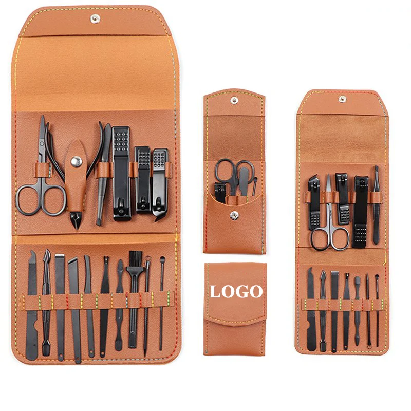 Free Sample 7/12/16PCS PU Leather Black Nails Kit Nail Tool Uv Lamp Professional Cutter Set De Manicure