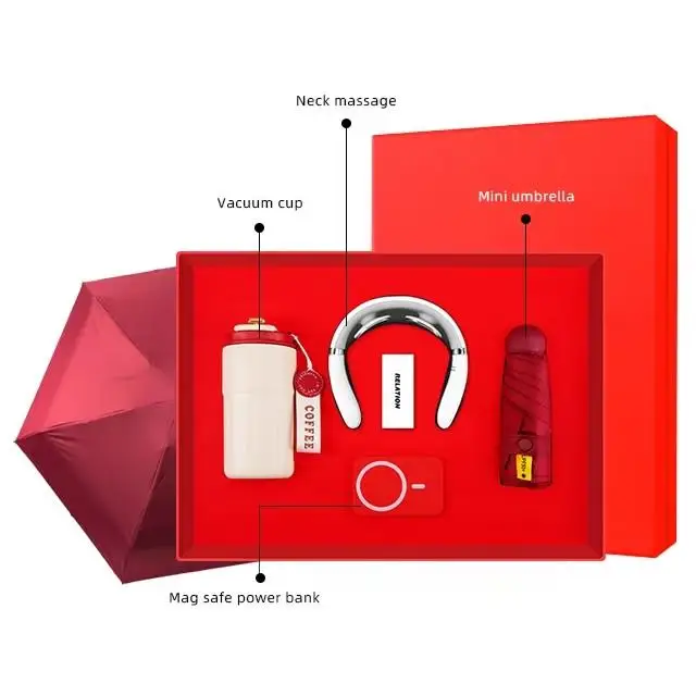 4 Pieces In 1 Vacuum Cup + Neck Massager + Mini Umbrella + Safe Power Bank Business Cooperate Gift Set