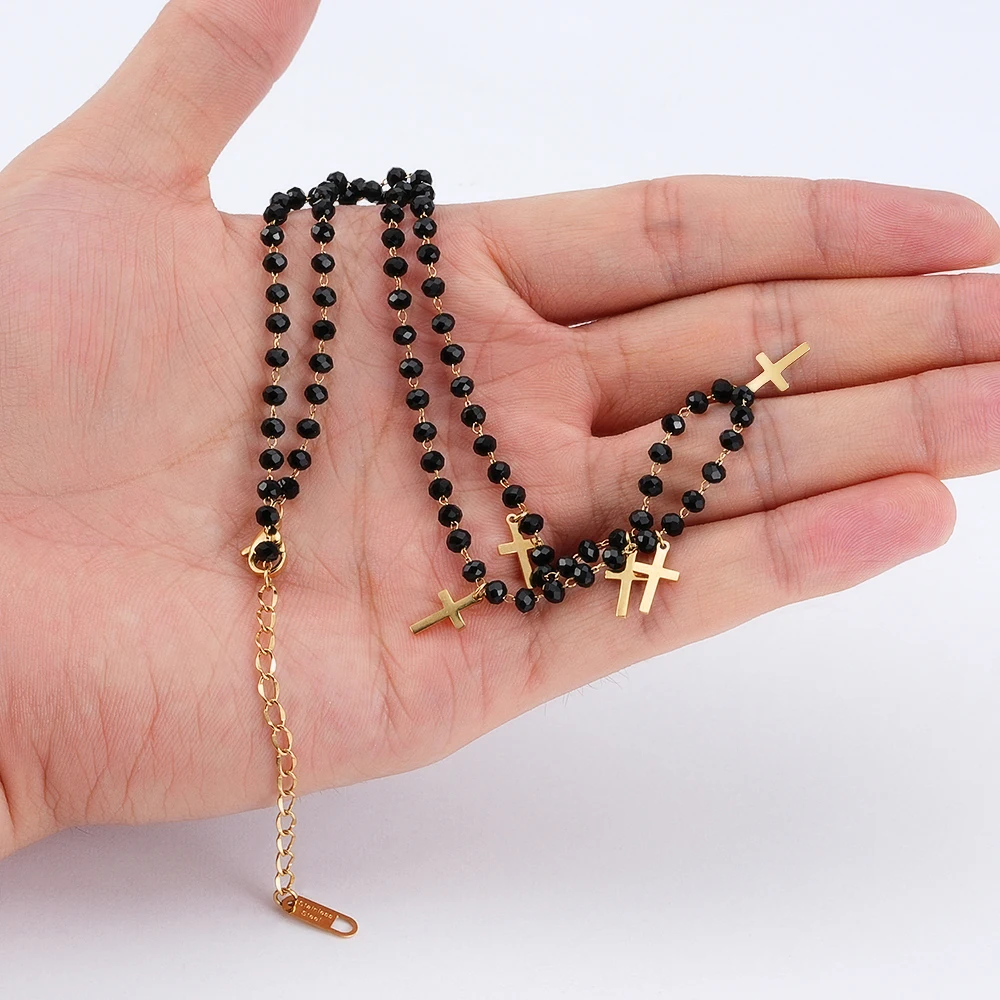 Catholic Prayer Beads Chain Mini Cross Dangle Stainless Steel Gold Plated Rosary Necklace