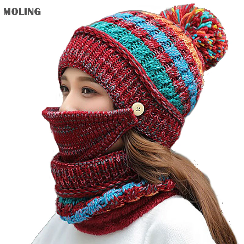 
Top quality wholesale warm winter hats with mask knit hats and scarfs set for women 