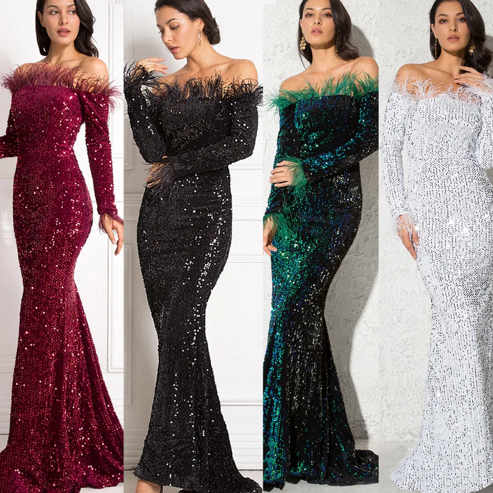 White Slash Neck Full Lining Formal Gowns Long Sleeve Feather Stretch Sequin Evening Party Prom Dress