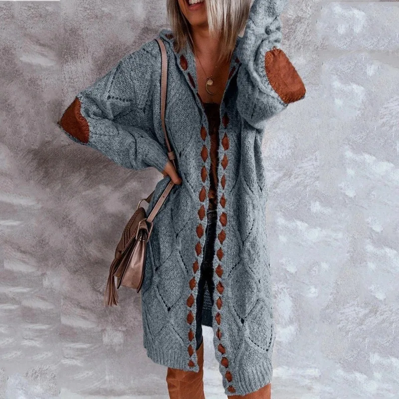 Factory Autumn And Winter Ladies Selling Ladies Stitching Cardigan Knitting Long Hooded Sweater Cardigan Coat Women