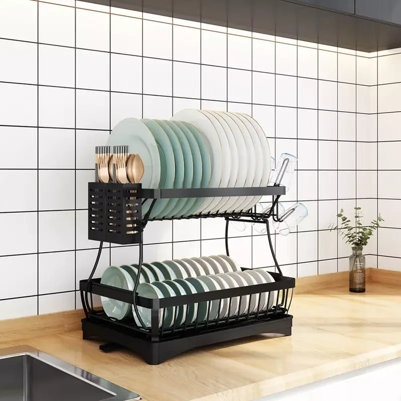 2 layer stainless steel kitchen stand dish drainer drying rack with drainboard set corner shelf with chopsticks cage holder