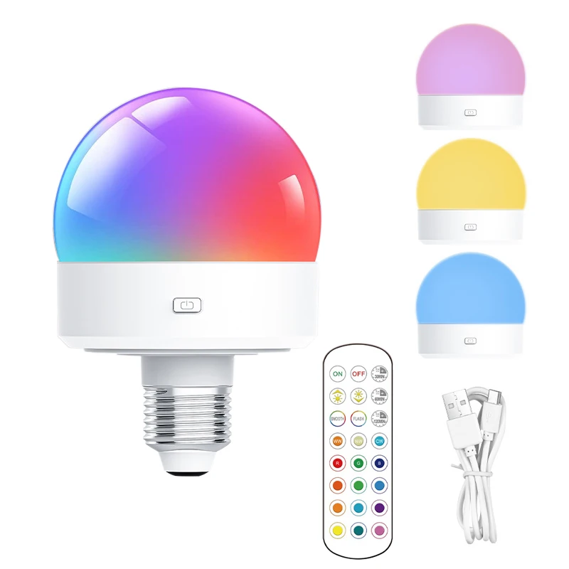 High Quality 2 in 1 Remote Control RGB Led Rechargeable Light Bulb E26 E27 Home Decor Smart Light Bulb
