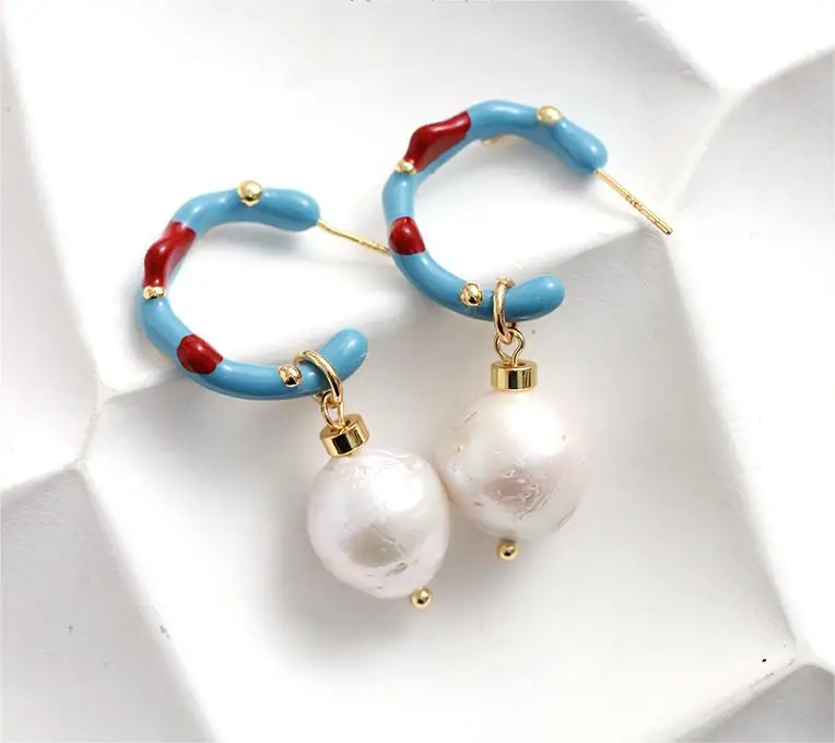 New Premium French Contrast 925 Sterling Silver 18K Gold Plated Coral Enamel Natural Pearl Drop Earrings