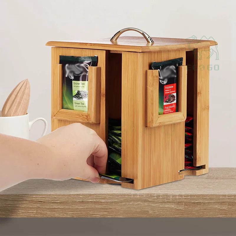 Natural Bamboo Wooden 160 Tea Bags Tea Box Revolving Container With Removable Lid 4 Compartments