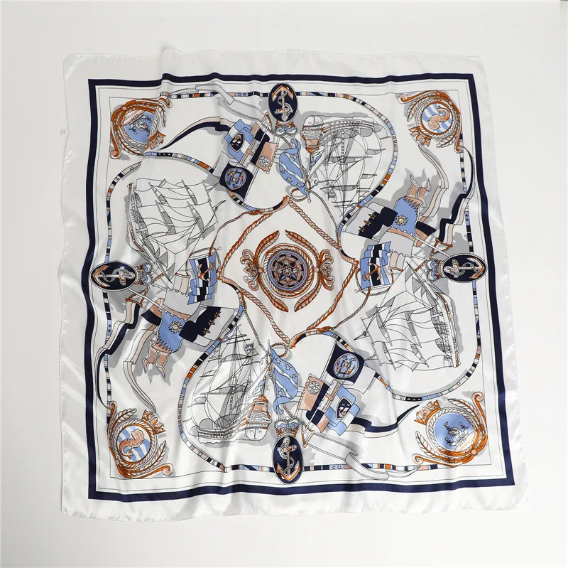 In Stock 2024 New Arrival Imitated Silk Satin Silk Scarf Luxurious Sailboat Anchor Print 90 * 90 square Scarf Milk Silk Shawl