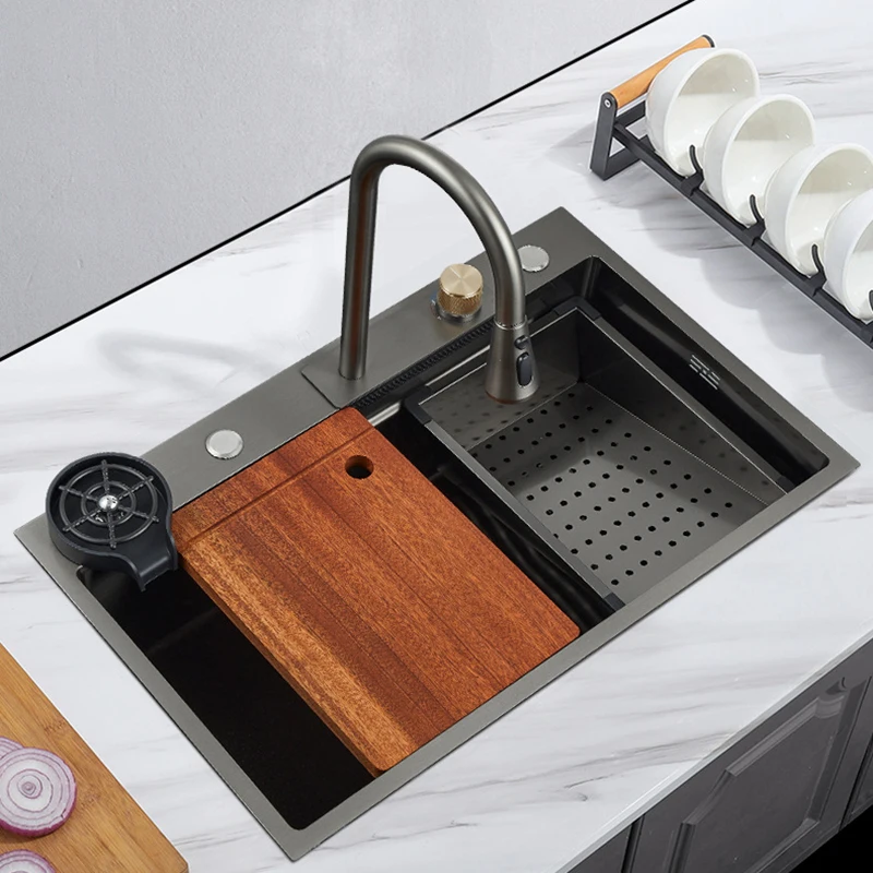 Stainless Steel multi function Waterfall Kitchen Sink Pull type faucet Single Sink