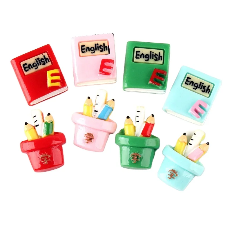 New Design Kawaii Resin School Supply Cabochons Flatback Pencil Brush Pot English Book for DIY Slime Charms Accessory
