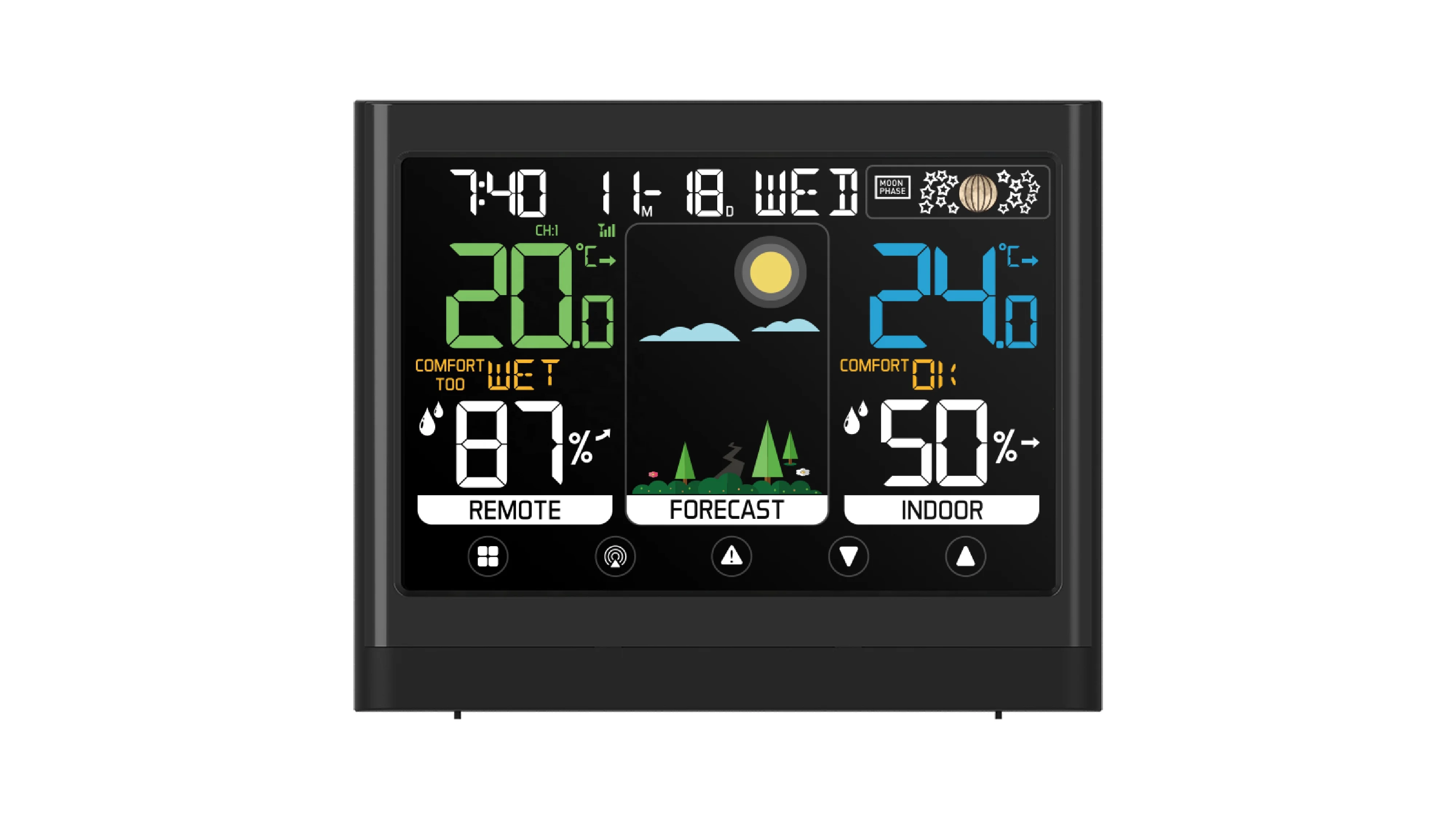433MHz wireless RF color weather station clock with touch keys and indoor outdoor temperature humidity moldy risk alert
