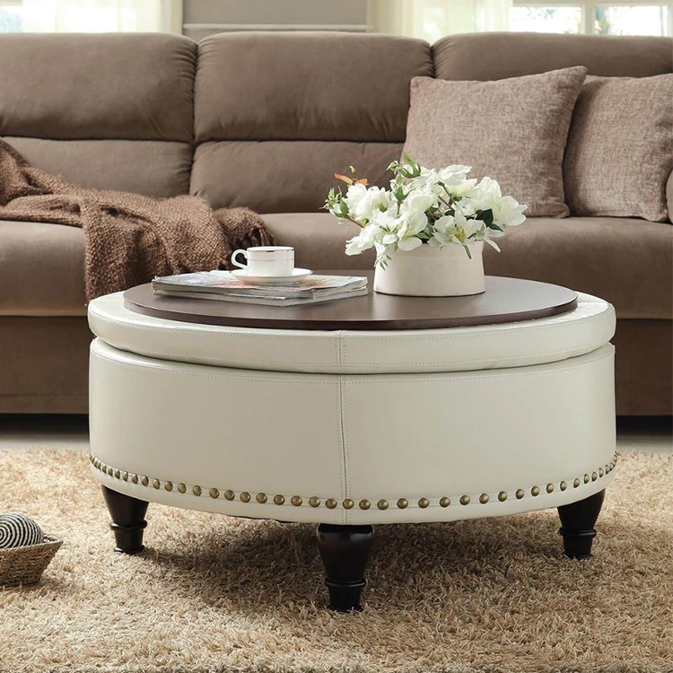 Over -sized Fabric Storage Pouf Cream Round Footstool Ottoman Upholstered Coffee Table