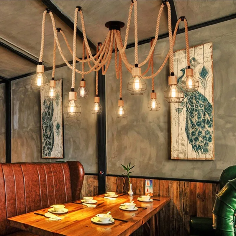 Hot Sale Industrial Chandelier Six Ten Heads Hang Light Creative Restaurant Bar Shop LED Rope Pendant Light