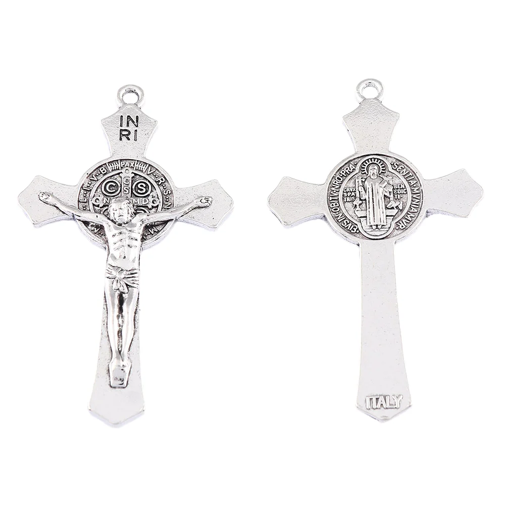 Antique Silver Saint Benedict Medal Jesus Christ Crucifix Cross Charms Pendants For Necklace DIY Jewelry Making 70x41mm