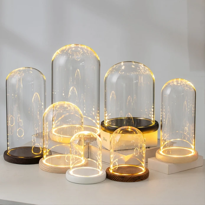 Dried flower glass cover base with light display box string light dust glass dome hand-made hand model luminous glass cover