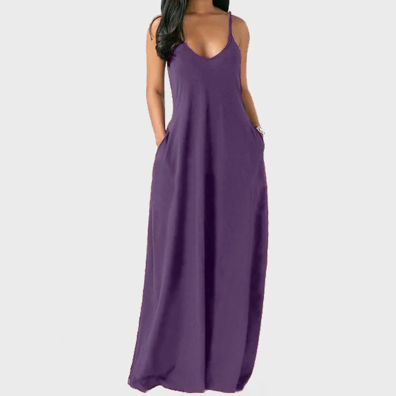 Women Pocket Long Dress Sexy V-Neck Sleeveless Loose Casual Dresses Summer Spaghetti Strap Solid Color Beach Maxi Dress S-5XL
