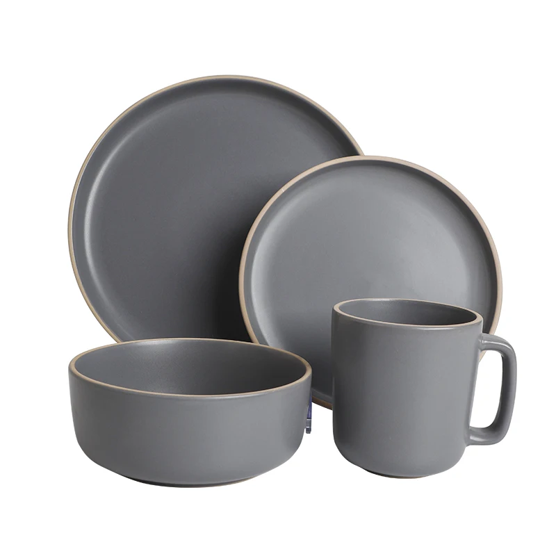 Classics Ceramic Crockery 16pcs Stoneware Dinnerware Set China Wholesale Black Dinner Set Porcelain Vajillas Service For 4
