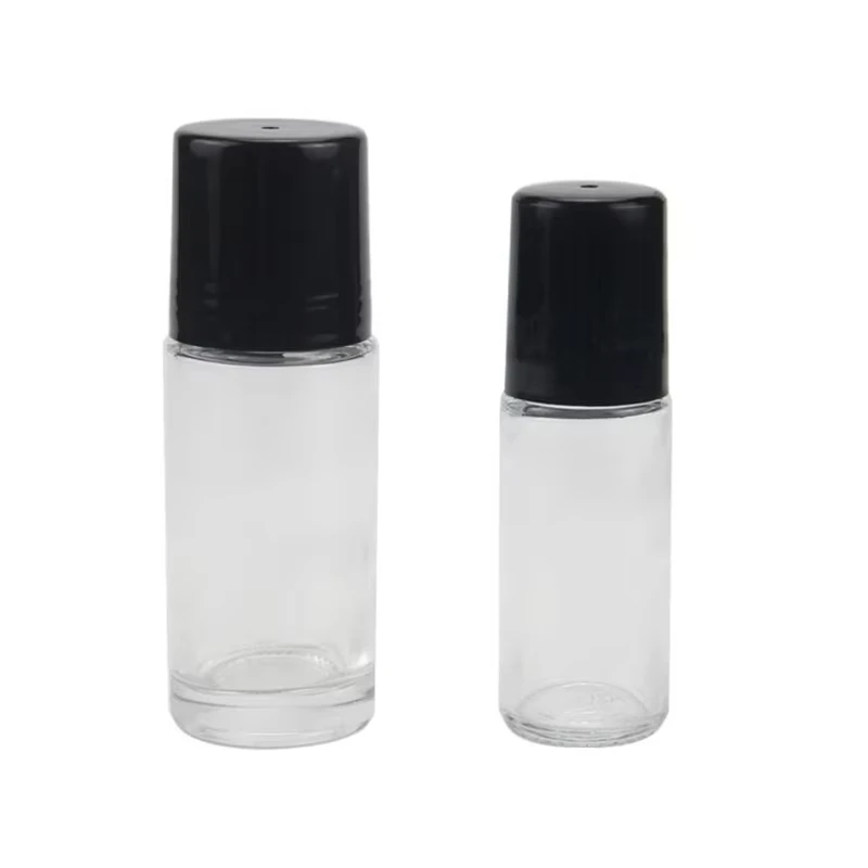 Wholesale empty 30ml 50ml 1oz clear essential oil plastic roller bottle deodorant glass roll on bottle with white black cap