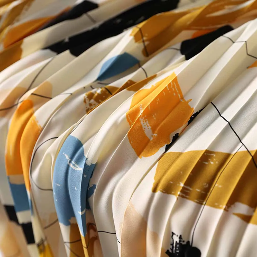 Korean Elastic Waist Printed Summer Skirt VD3099 Elegant High Waisted Women Pleated Long Midi Skirts in Black