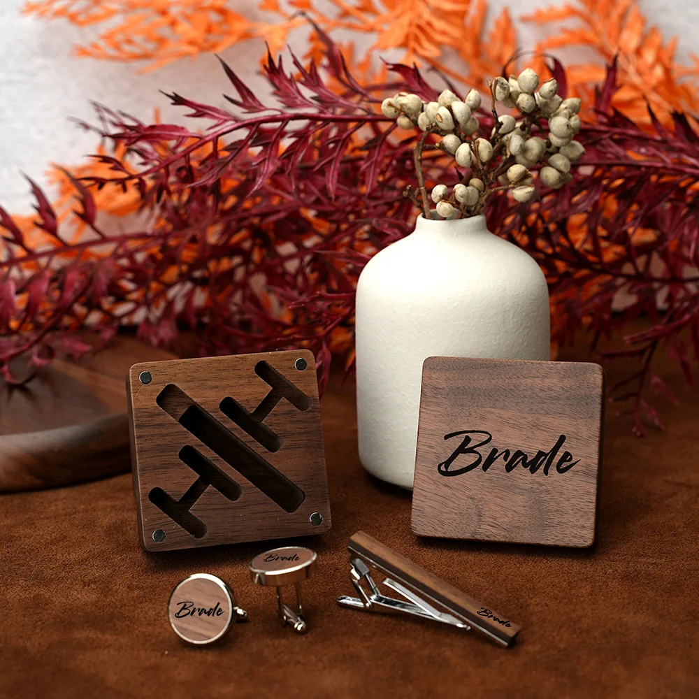 Custom Engraved Logo Gift Personalised Name Wedding Groomsmen Tie Clip with Cufflink Wooden Box Set for Men