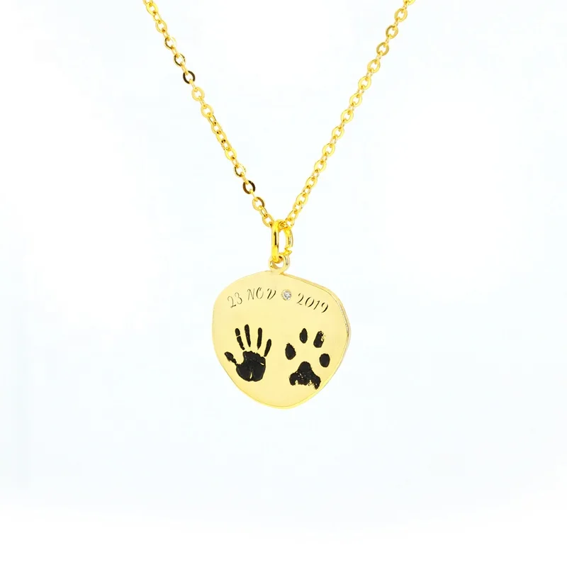 Custom Irregular Shaped Fingerprint Foot Animal Paw Print Choker Necklace Engraved Name Date Gold Plated Chain Jewelry Necklaces