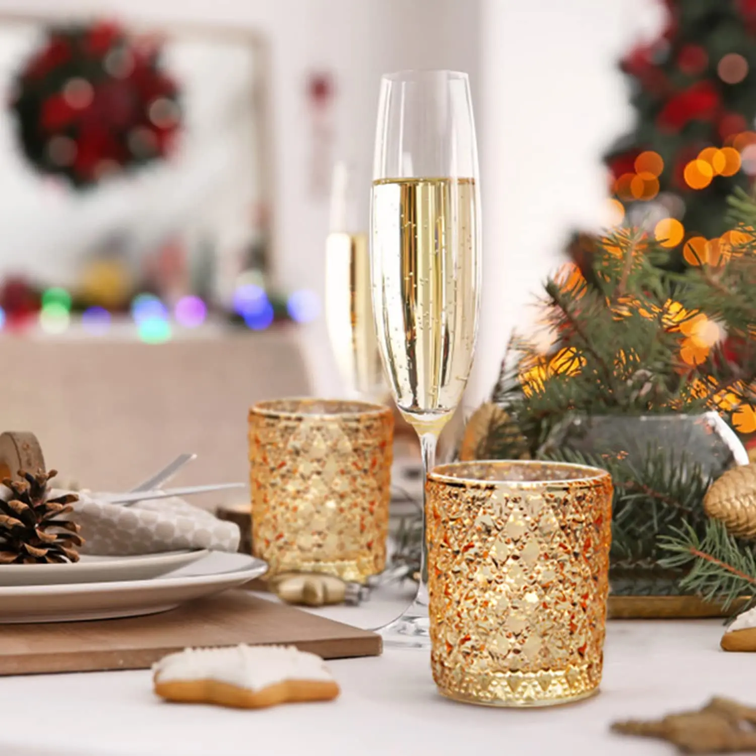 Gold Votive Candle Holders, Mercury Glass Tealight Holder for Valentines Day Decor Table Centerpiece Wedding Decoration