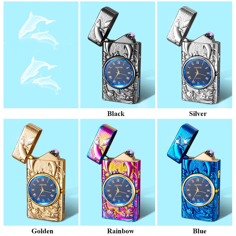 Cigarette double arc flameless windproof electric usb Dolphin lighter, custom gift electronic plasma smoking lighter with watch