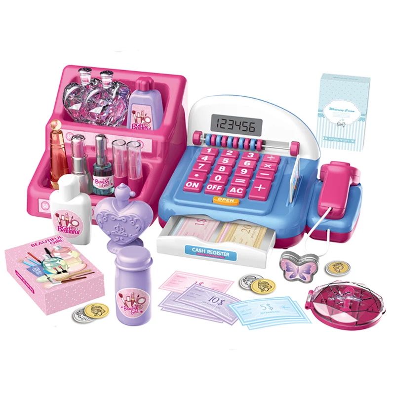 QS China Popular Educational Simulation Scanner Sound Electronic Detial Calculator Cash Reister Toys For Kids Girls Pretend Play