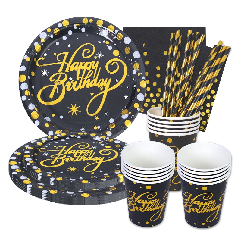 NEW Disposable Serves 24 Tableware Set Gold Black Happy Birthday Party Paper Plates Napkin Cup Set Party Plate Set For Birthday