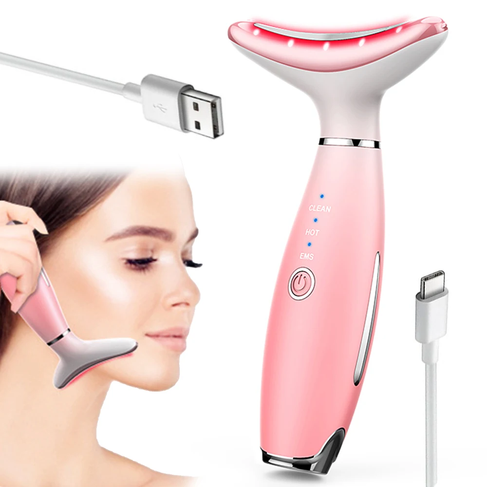 Hot Compress 45 Degree LED Light Therapy Skin Rejuvenation Facial Massage EMS Face Neck Lifting Massager