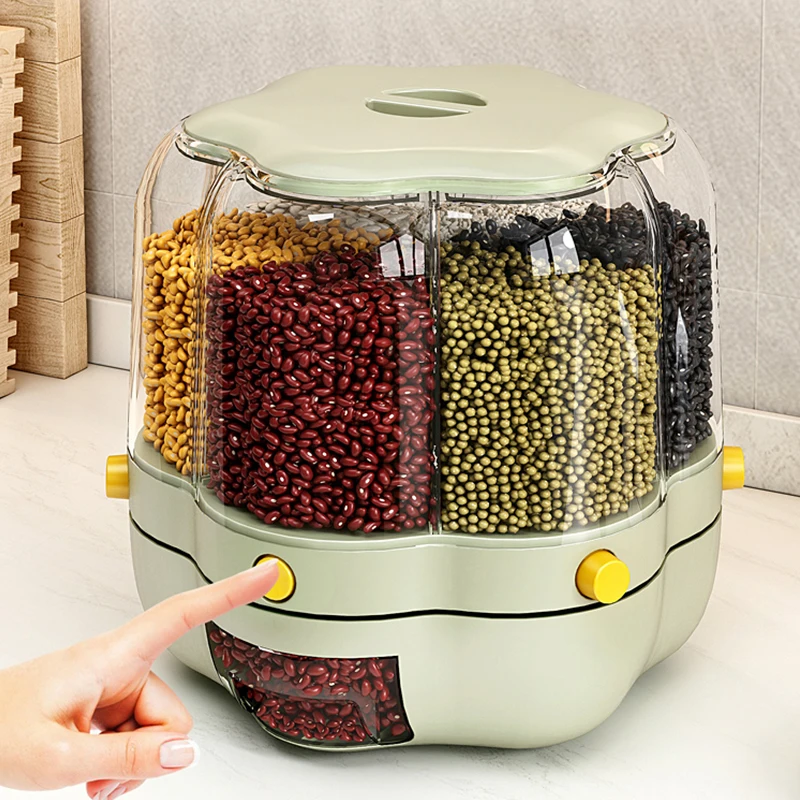Cereal Grain Container Storage, Upgrade 360 Rotating Food Dispenser with Lid for All Beans, Barley, Millet, Rice