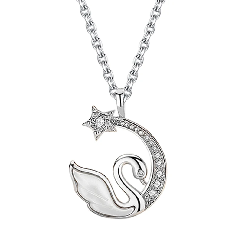 New Arrivals Zircon Star Moon Pendant Chain Necklace 925 Sterling Silver White Shell Swan Necklace