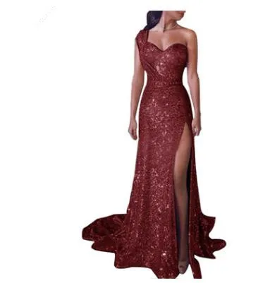 WIIPU 5XL mujeres Sexy de borla de lentejuelas un hombro hendidura lateral noche fiesta vestido Bodycon damas Maxi vestido Vest