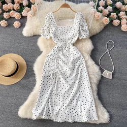 Custom square collar wave dot dress short sleeve 2023 new summer French closed waist large hemline maxi skirt