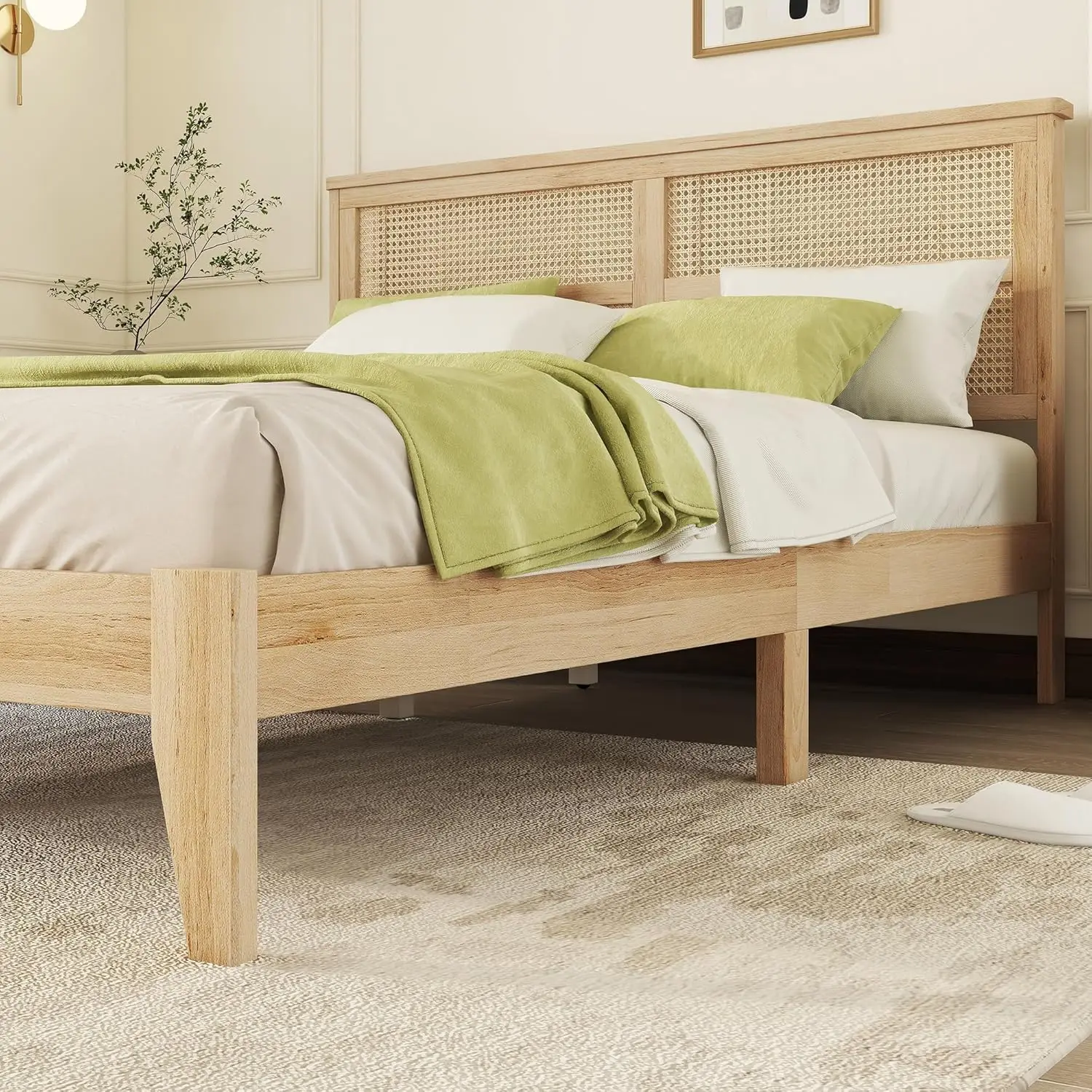 Queen Size Bed Frame with Rattan Headboard, Country Rustic Style Rubber Wood Platform Bed with Slat