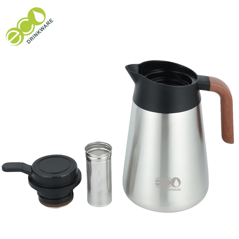 GT008 thermos flask coffee pot made of double walled 304 stainless steel with wooden handle insulated jug with drip free spout