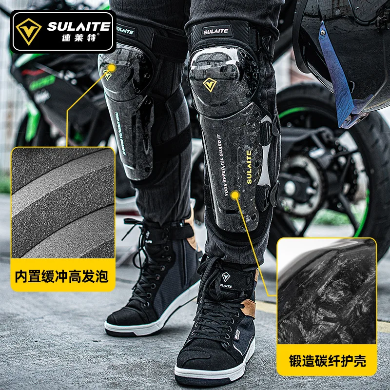 SULAITE Reflective Elbow knee guard Outdoor Sports Carbon Fiber Rodillera Motorcycle Knee Pads For Motorcycles With Sliders